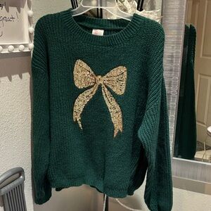 So Me Green Sweater with Gold Bow